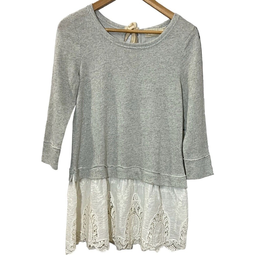 A'reve Tunic Top Women ￼Pullover Embroidered‎ Lace Layers Gray/Cream Boho Size S